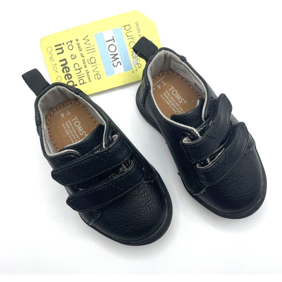 Toms Tiny Lenny Shoes Hook & Loop Closure Size 4 Black Synthetic Leather - Picture 4 of 8